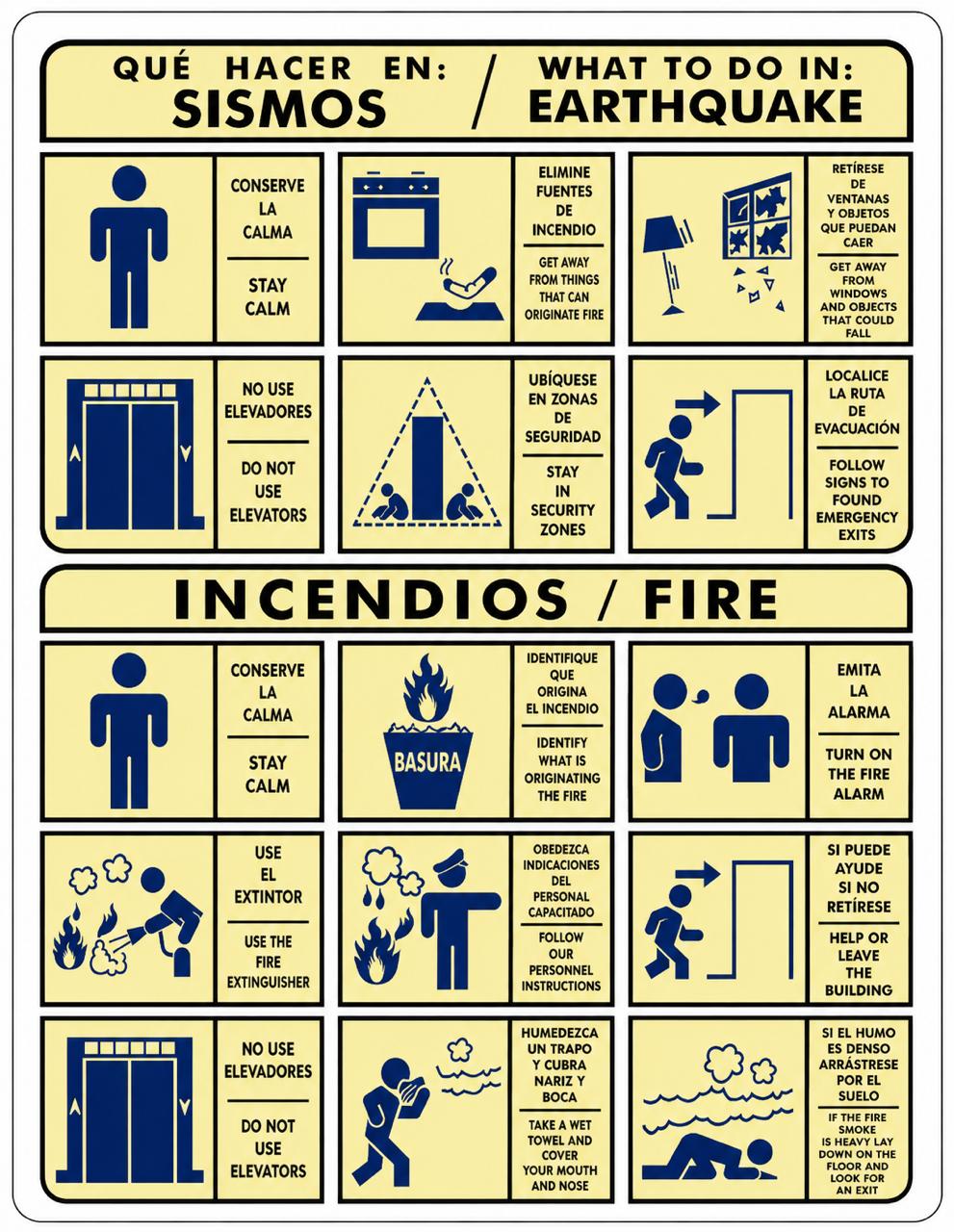 Señalización de Que hacer en caso de sismos e incendios (Bilingüe)